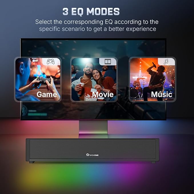 Wohome 2.1 Computer Speakers for Desktop PC, Bluetooth 5.3 Computer Sound Bar with HiFi Sound, 7 RGB Light Modes, DC Powered Laptop Speakers with 3.5mm AUX-in/USB Connected for Game, Music and Movie