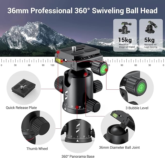 SmallRig CT-20 Camera Tripod, 78.7" Foldable Aluminum Tripod & Monopod, 360°Ball Head Detachable and Quick Release Plate, Payload 33lb, Adjustable Height from 18.5" to 78.7" for Camera, Phone - 3474C