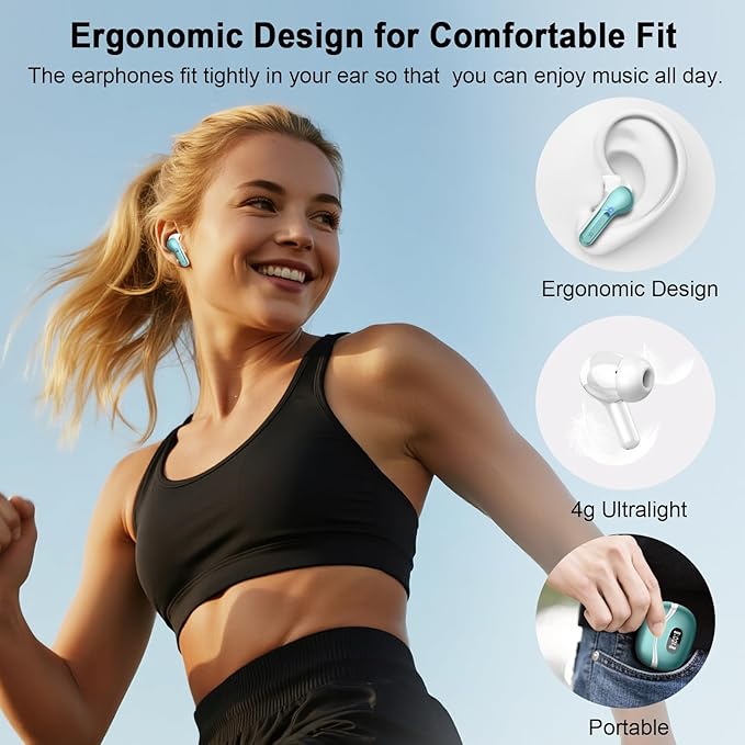 Wireless Earbuds, Bluetooth Headphones 5.4 HiFi Stereo, Ear Buds with 4 ENC Noise Cancelling Mics, 48H Bluetooth Earbuds with Dual LED Display, IP7 Waterproof in Ear Earphones for Android iOS, Cyan