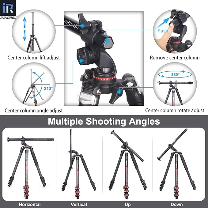 Carbon Fiber Horizontal Tripod INNOREL YT284C with Rotatable Multi-Angle Center Column,29mm Tube Professional Travel Camera Tripod Monopod for Digital DSLR Video Camcorder Overhead Shooting Load 20kg