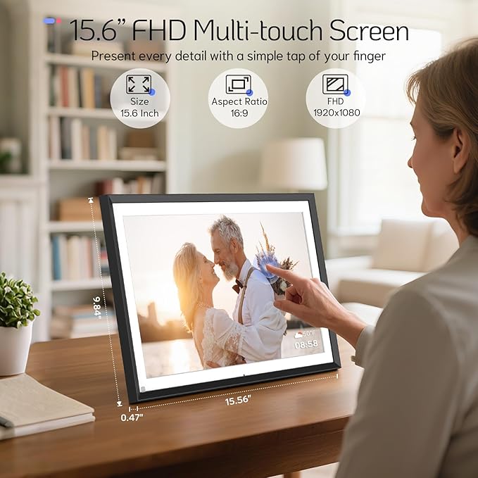 NexFoto 15.6 Inch Touchscreen Digital Picture Frame 64GB, FHD IPS WiFi Digital Photo Frame, Add Photos from Google Photos, Share Photos/Videos via App/USB, Gifts for Birthday/Mom/Women, Black