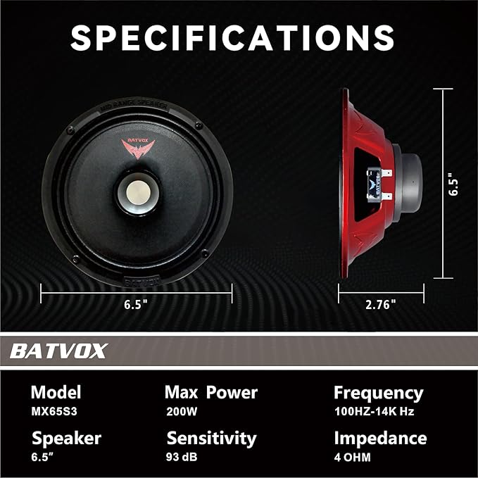 MX65S3 Midrange Loudspeaker 6.5" Silver Bullet, 400W Max, 4 Ohms, Premium Quality Audio Door Speakers for Car or Truck Stereo Sound System, Black (2 Speaker)