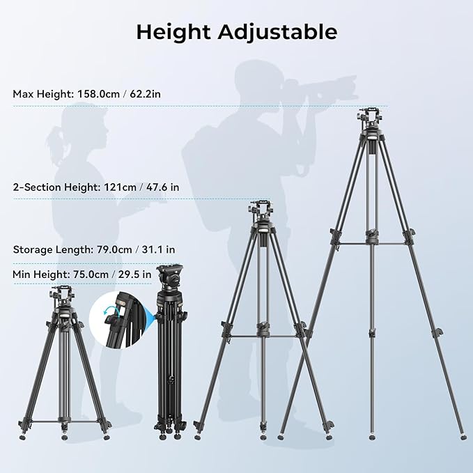 SmallRig AD-50 Lite Video Tripod, Heavy Duty Tripod with 360°Fluid Head, 62" Aluminum Alloy Travel Tripods with QR Plate, Lift Rope, Load up to 11lb for DSLR, Camcorder, Camera