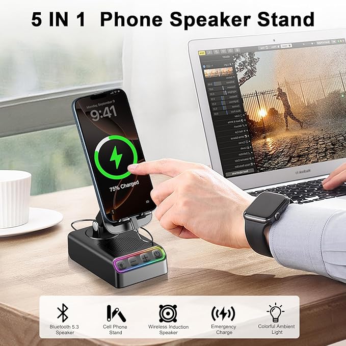 Adjustable Cell Phone Stand with Wireless Induction Bluetooth Speaker, HD Surround Sound for Home and Outdoors, Compatible with iPhone/iPad/Samsung Galaxy, Popular Gifts for Men Women Dad Mom