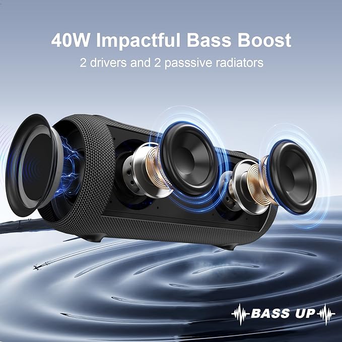 Passau Portable Bluetooth Speakers Loud 40W Peak Stereo Sound, Passive Radiators-Deep Bass, All Day Playtime, Adjustable Strap, BT5.3, IPX5 Wireless Speaker RGB Lights for Indoor Outdoor
