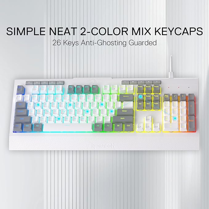 Redragon K525 RGB Backlit 104 Keys Wired Membrane Gaming Keyboard w/ 5 Multimedia Keys & 4 Extra On-Board Macro Keys, Dedicated Media Control, Ergonomic Wrist Rest, Linear Mechanical-Feel Switch