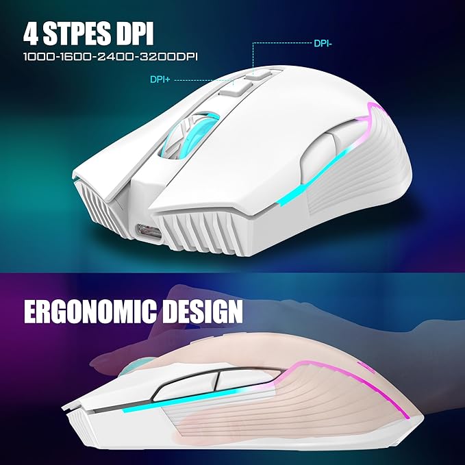 RedThunder K10 Wireless Gaming Keyboard and Mouse Combo, RGB Backlit Rechargeable 3800mAh Battery, Mechanical Feel Anti-ghosting Keyboard + 7D 3200DPI Mice for PC Gamer(White Pudding)