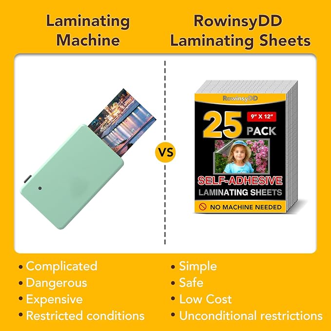 25 Pack Self Adhesive Laminating Sheets, 9 X 12 Inch, Clear Sticker Laminate Sheets Waterproof for Documents, Photos, No Machine Needed Heatless Durable