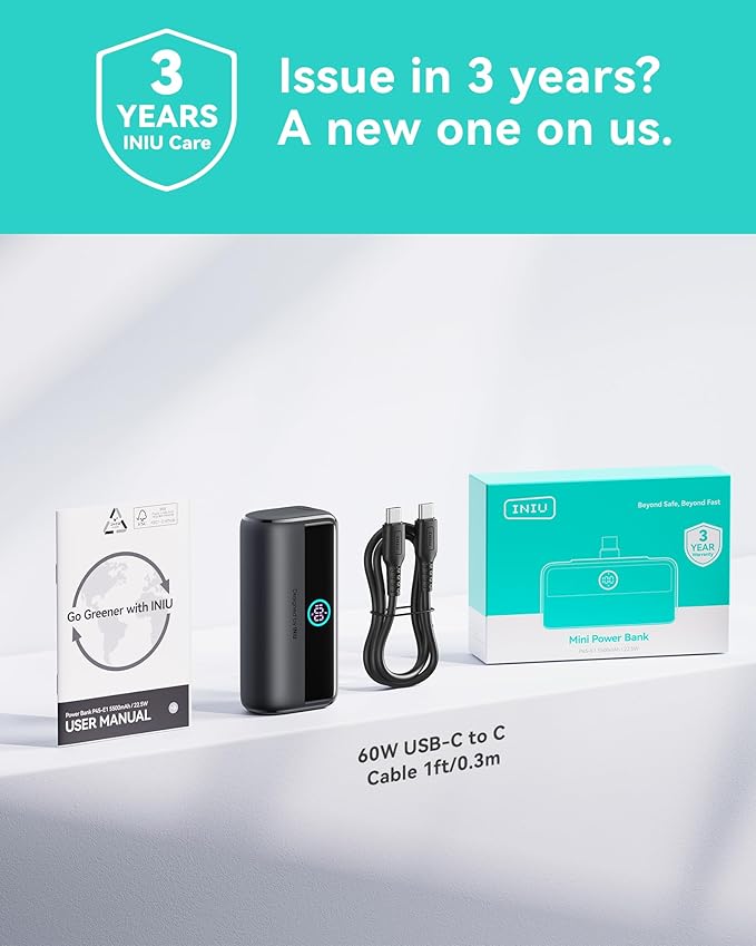 INIU Mini Portable Charger, 5500mAh Power Bank with Build-in USB-C Connector, 22.5W PD Fast Charging USB C in&Out Battery Pack, External Phone Charger for iPhone 17 16 15, Samsung S24 S23, Google etc