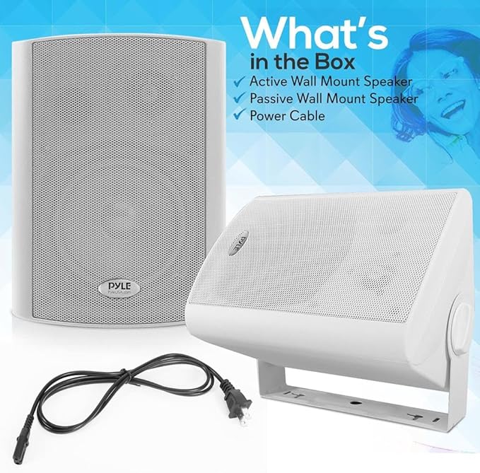 Pyle Wall Mount Home Speaker System - Active Passive Mountable Bookshelf Indoor Studio Garage Patio Stereo Sound Home Theater, Wireless Bluetooth Speaker Set W/Aux & RCA, White
