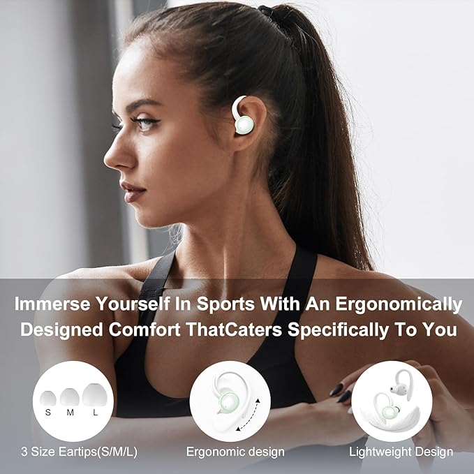 Wireless Earbuds, Bluetooth 5.3 Headphones Sport, Over Ear Buds With ENC Noise Cancelling Mic, 48H, Wireless Earphone With Earhooks, Stereo Deep Bass, IP7 Waterproof Headset for Workout Running, White