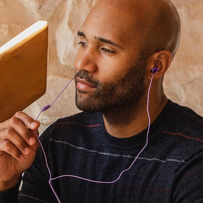 Panasonic ErgoFit Wired Earbuds With Microphone, 3.5mm Jack Wired Headphones with Mic and Call Controller, Ergonomic Custom-Fit Earpieces (S/M/L), for Phones and Laptops - RP-TCM125-V (Purple)