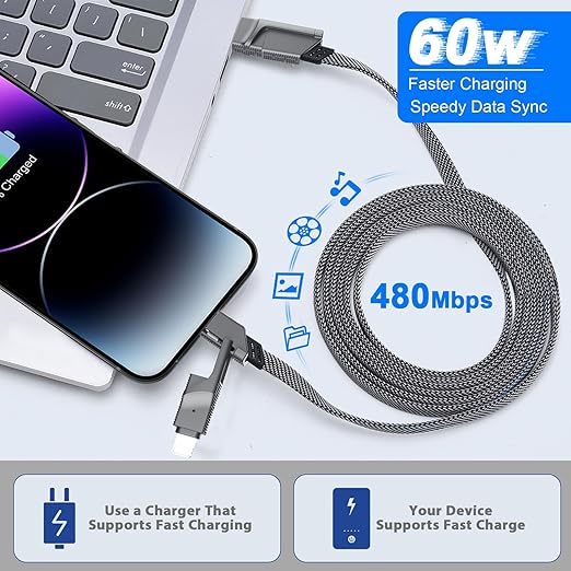 2Pack 6FT 4 in 1 USB C Cable for Lightning, 60W Fast Charging, Flat Braided, Dual Type C Cord, Multi Charger for iPhone 16 15 14 13 Pro Max/15 Plus/15 Pro/Samsung Galaxy S24 S23/iPad/MacBook