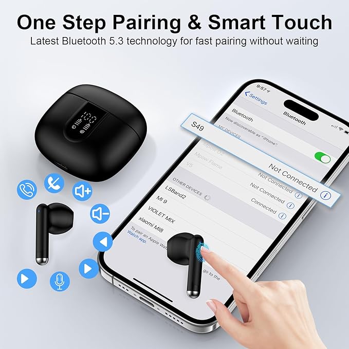 Wireless Earbuds Bluetooth Headphone for Samsung Galaxy S25 Ultra S24 S23 S22 S20 S10 A17 A36 A16 A15 60H Playback with Dual LED Display IPX7 Waterproof Sports in Ear Earphone for Pixel 10 9 8 7 Pro 6