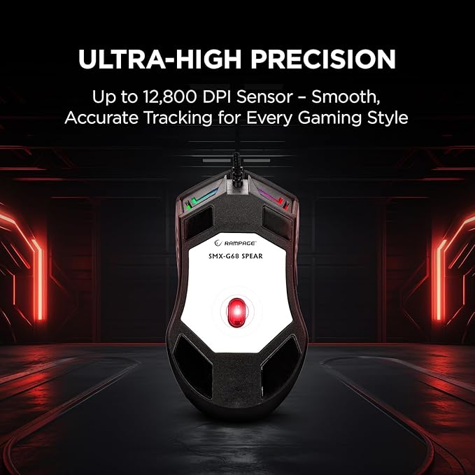 Rampage Spear V2 Black Wired Gaming Mouse with RGB Lighting – 12800 DPI, 7 Programmable Buttons, Lightweight Ergonomic Gaming Mouse for PC/Mac/Laptop Gamers