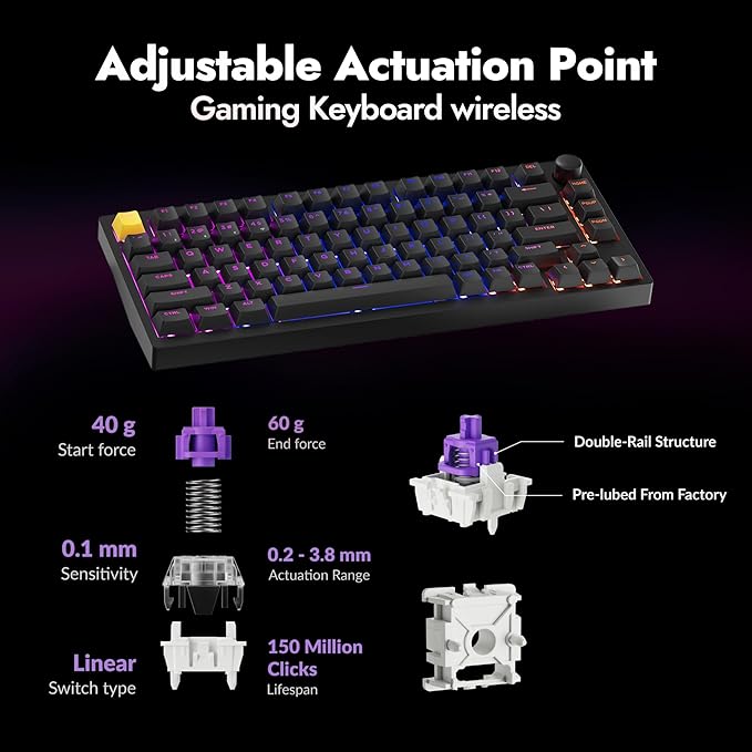 P1 HE 75% Wireless Custom Mechanical Gaming Keyboard with Gateron Double-Rail Magnetic Switches Knob Version, QMK 2.4 GHz Bluetooth 5.2 RGB Backlight Compatible with Mac Windows Linux-Black