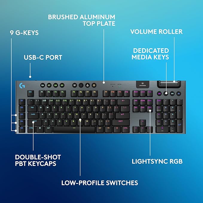 Logitech G915 X Lightspeed Wireless Mechanical Gaming Keyboard, Double-Shot PBT Keycaps, Fully Programmable Keys, RGB Backlit Mac/PC Gaming Keyboards, Aluminum Finish, GL Tactile Switches, Black
