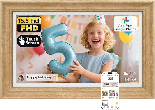 NexFoto Touchscreen Digital Picture Frame 15.6'', FHD WiFi Digital Photo Frame, 64GB Wood Electronic Picture Frame, Add Photos from Google Photos, Share Videos, for Mom, Birthday, Wood