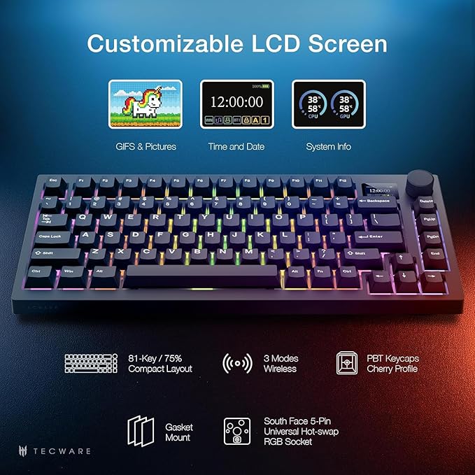 TECWARE Spectre 75% RGB Mechanical Gaming Keyboard with Customizable LCD Screen, Multi-Function Knob, Gasket Mount, 3 Mode Connectivity, South Face 5-Pin Universal Hot-Swappable Sockets (Ocean Gold)