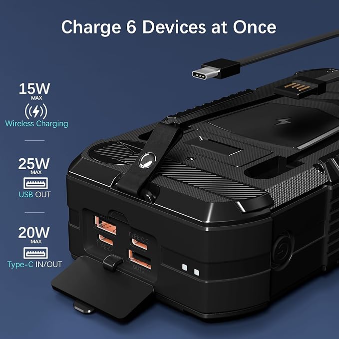 Solar Charger Wireless Power Bank 70000mAh Built in 2 Cables and Hand Crank, Portable Charger 22.5W Fast Charger 6 Outputs & 4 Inputs External Battery Pack with Bright Flashlight and Compass