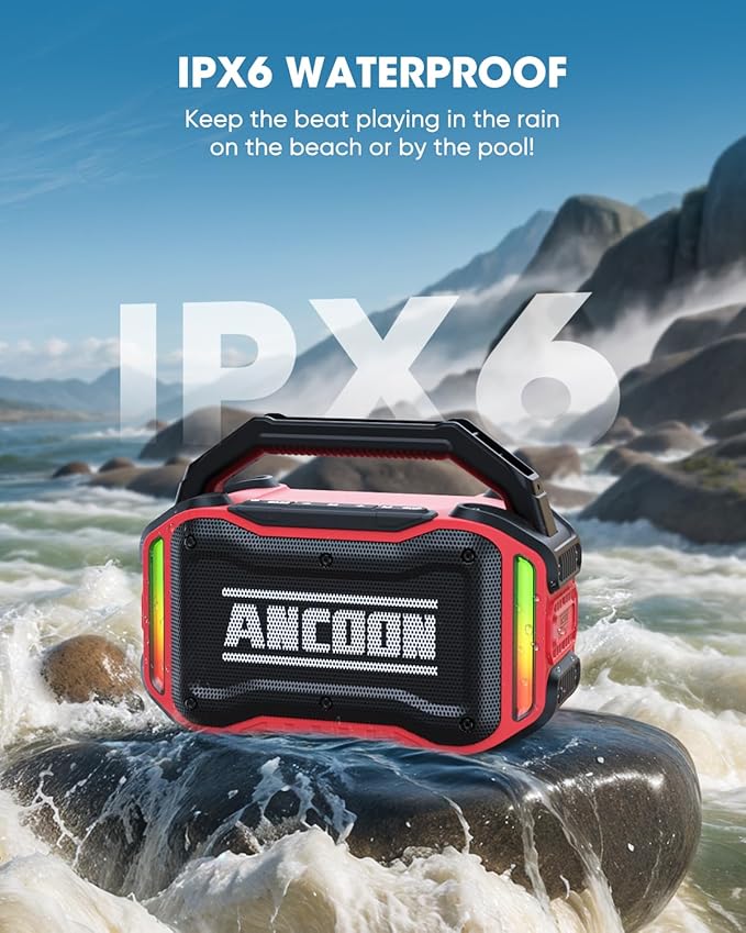 Speakers Bluetooth Wireless: 80W(Peak) Loud Speaker with Bass, 20H Playtime, IPX6 Waterproof, Large Jobsite Speakers for Work, Outdoor, Workshop, Garage, Portable Speaker with TWS (Red)