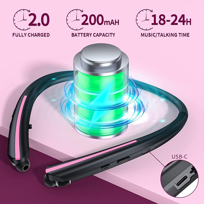 Bluetooth Retractable Headphones Wireless Neckband Headset with Sweatproof Stereo Earbuds for Running/Sports/Driving/Workouts (Black Pink)