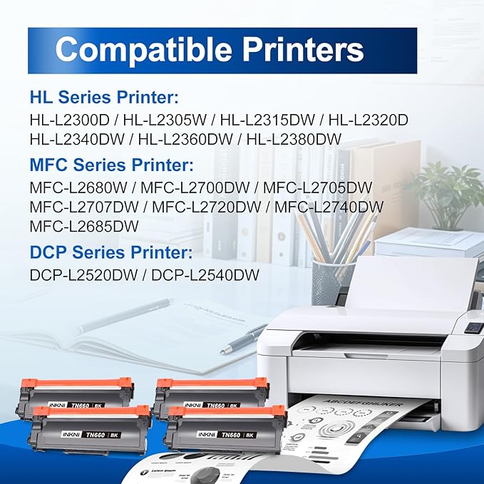 InkNI Compatible TN660 Toner Cartridge Replacement for Brother TN660 TN630 High Yield Compatible for Brother HL-L2300D DCP L2540DW HL L2320D HL L2360DW HL L2380DW MFC L2700DW Printer (Black, 4-Pack)