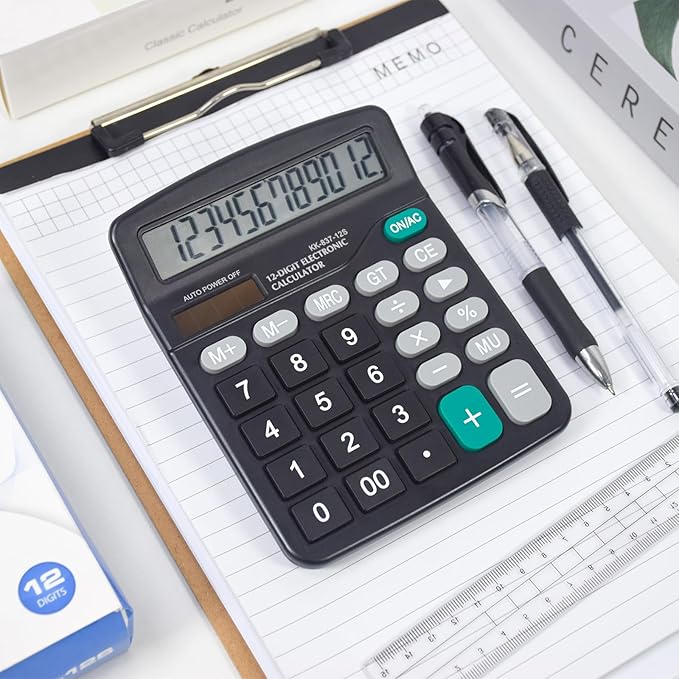 Marte Vanci 12 Digits Calculator with Large LCD Display, Desktop Basic Calculator with Big Buttons, Solar Power and AA Battery, for Office, Home, School(Black)