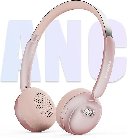 Sirius Wireless Retro Headphones, Bluetooth 5.4, 70H Playtime, ANC/ENC Active Noise Cancelling Reduction On-Ear with Microphone, Throwback 80's/ 90's Design-Pink