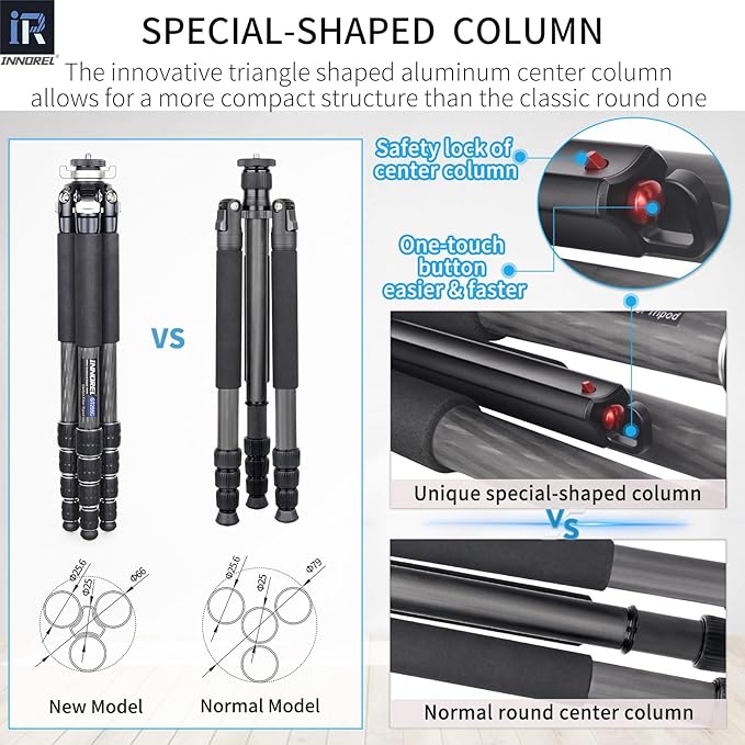 Carbon Fiber Tripod-INNOREL GT255C Professional Camera Compact Tripod Stand for Travel Outdoor Digital DSLR with Low Gravity Center Ballhead Special-Shaped Center Column Max Height 67.7in/172cm