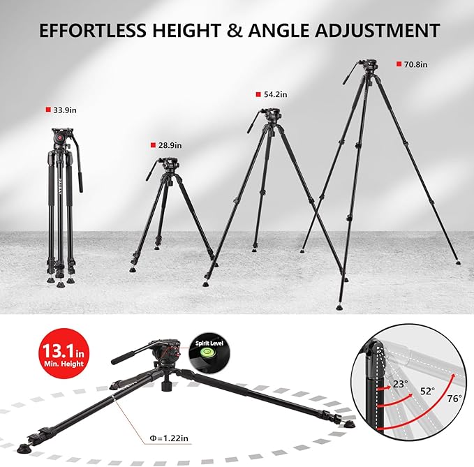 RAUBAY 70.8" Video Camera Tripod, Heavy Duty Tripods Stand with 360° Pan & 165° Tilt Fluid Head, 75mm Bowl Base, Aluminum Single Tube Legs, QR Plate, Max. Load 17.6lb for DSLR Camera, Camcorder (DV-3)