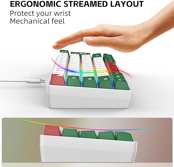 Snpurdiri 60% Wired Gaming Keyboard, RGB Backlit Small Ultra-Compact 61 Keys 60 Percent Gaming Keyboard for PC/Mac Gamer, Typist, Travel, Easy to Carry on Business Trip(Red Green White)