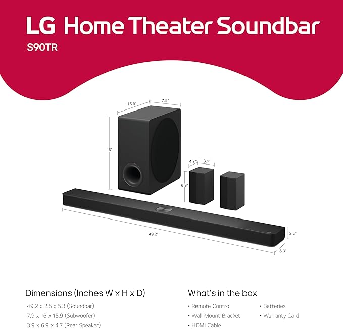 LG S90TR 7.1.3-Channel OLED evo TV Matching Home Theater Soundbar with Rear Surround Speakers and Wireless Subwoofer, Wow Orchestra, Dolby Atmos, WOWCAST Built-in (2024 Model)