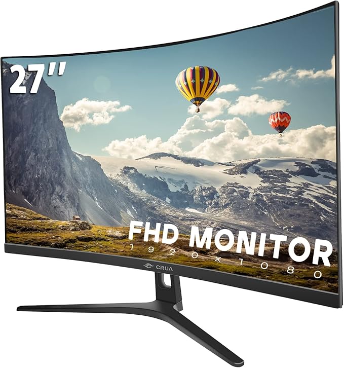CRUA 27" Curved Monitor, FHD(1920x1080P) VA Panel, 100HZ, 120% sRGB Professional Computer Monitor, Narrow Bezels on Three Sides, Blue Light Filter, Office and Dormitory(HDMI, VGA)-Black