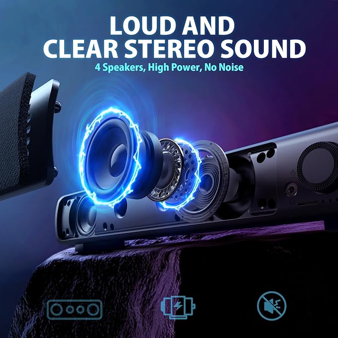 Computer Speakers, USB Powered 3.5mm AUX PC Sound Bar for Desktop Monitor, Gaming Speakers with Headphones & Microphone Link, Superb Stereo Sound, Plug-n-Play (Black)