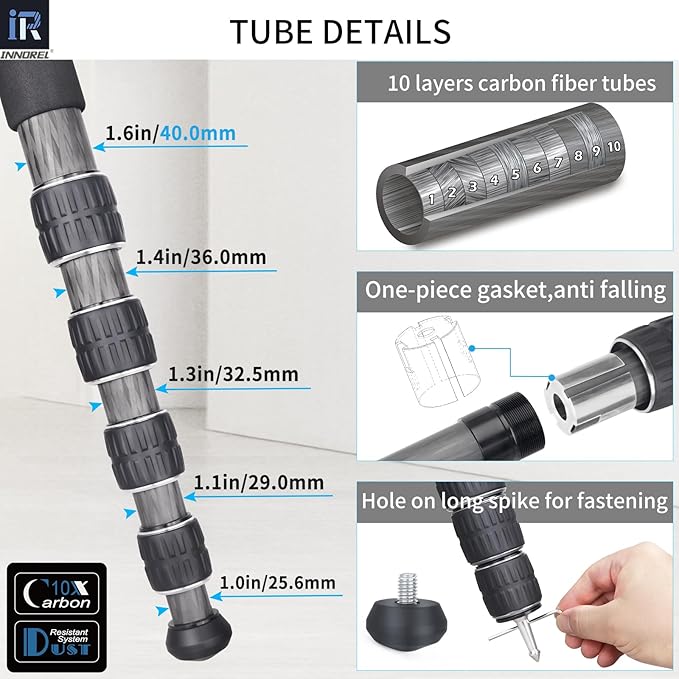 INNOREL Carbon Fiber Compact Tripod KT405C Professional 40mm Tube 5 Sections Heavy Duty Camera Stand for Digital DSLR Video Camcorder with 52mm Low Profile Panoramic Ballhead Center Column Load 30kg