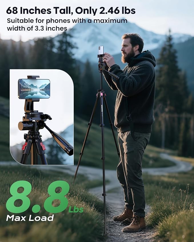 68" Lightweight Travel Camera Tripod Stand, Portable Aluminum DSLR/SLR Tripod and Carry Bag, for Photo, Video & Vlogging, Compatible with Canon/Nikon Camera