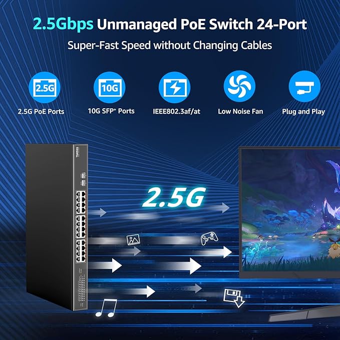 YuanLey 26 Port 2.5G PoE Switch Unmanaged, 24 x 2.5G Base-T PoE Ports, 2 x 10G SFP+, IEEE802.3af/at, 400W, Compatible with 100/1000/2500Mbps, Metal Case, Desktop/Rack Mount 2.5Gbe Network Switch