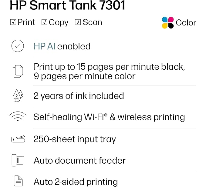 HP Smart Tank 7301 Wireless All-in-One Ink Tank Printer, Scanner, Copier with 2 years of ink included, Best-for-home office, Refillable, AI-enabled (28B70A)