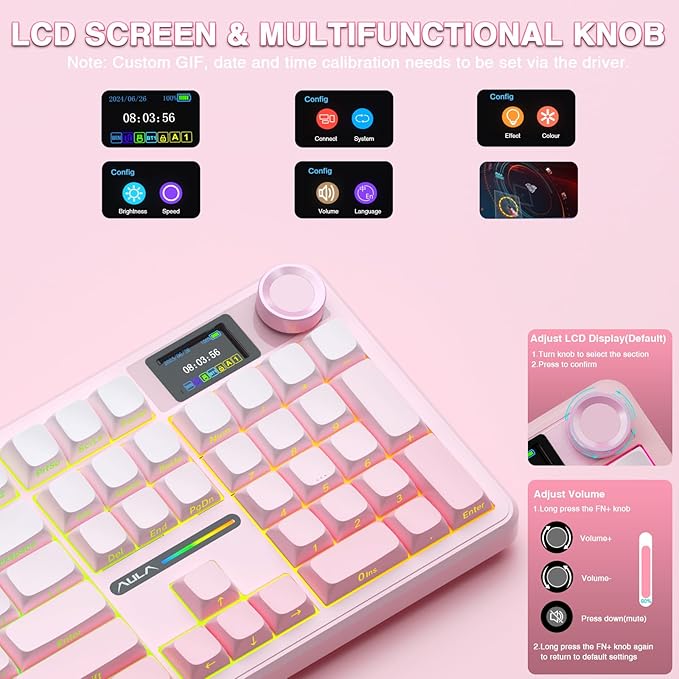 AULA F108 PRO - Wireless Mechanical Keyboard with Screen & Knob,Full Size Keyboard with 8000mAh Battery,Pre-lubed Switches,Side Printed PBT Keycaps,RGB Backlit Hot Swappable Custom Gaming Keyboards