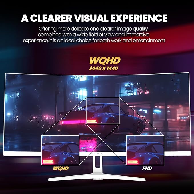 CRUA 34" Curved Gaming Monitor, WQHD 3440x1440, 120Hz Computer Monitors, 1500R VA Screen, 120% sRGB, AMD FreeSync, Blue Light Filter, HDMI 2.0 & DP 1.4, Wall Mountable Installs- White