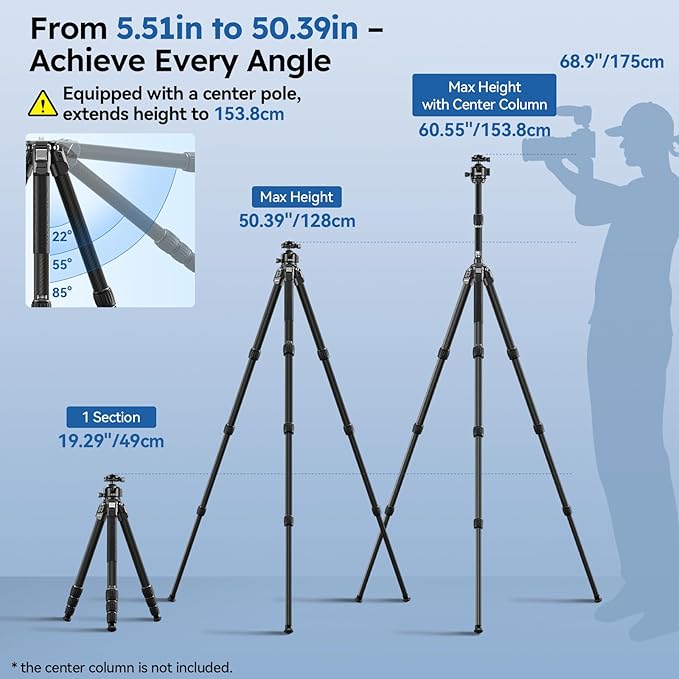 SIRUI Professional Travel Carbon Fiber Tripod 20kg/44lbs Load, Max Tube Dia 29.44mm, Max 128cm/50.4" Height with 43mm Low-Profile Ball Head for DSLR/Mirrorless/Video (AM-284S+G1)