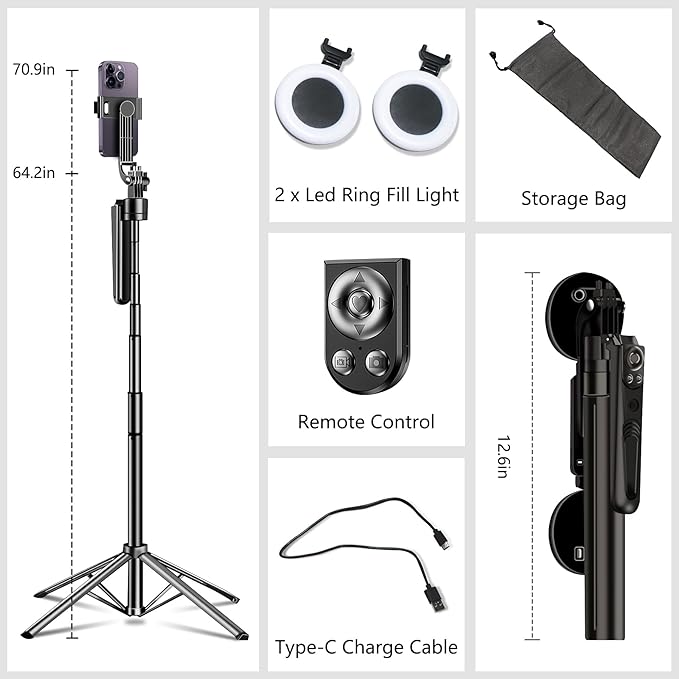 Auto Face Tracking Selfie Stick Tripod for iPhone with Light 70.9" Phone Camera Tripod Stand 360 Rotation Follows Your Movement with Wireless Remote for Content Creator Vlog Live Stream Video Record