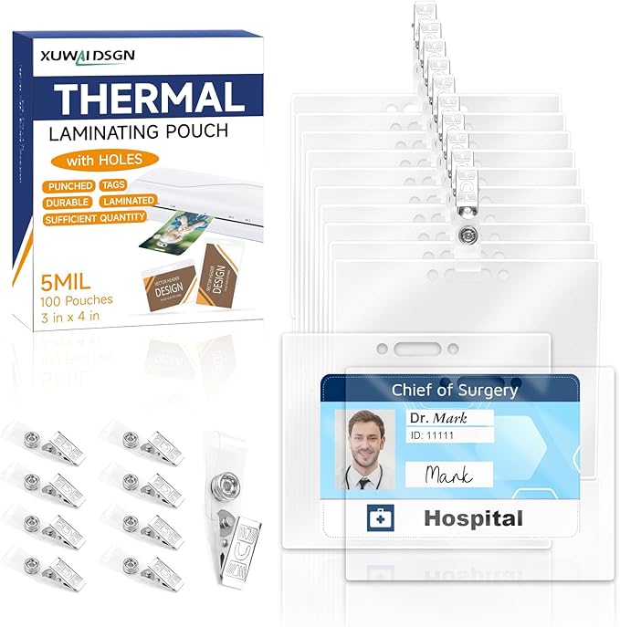 100 Pieces Laminating Pouch with 50PCS Clips Government-Size Card Laminating Pouches Luggage Tags Thermal Laminate Pouch Tags Kit Clear Laminating Pouch for Work Permits Pass Cards Student ID Cards