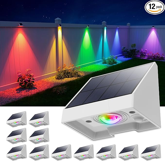 12 Pack Color Changing Solar Powered Fence Lights Outdoor Landscape LED Waterproof Yard Lighting for Outside Wall, Deck, House Patio, Railing, Porch, Step, 8 Colores, Easy Installation ( White Shell )