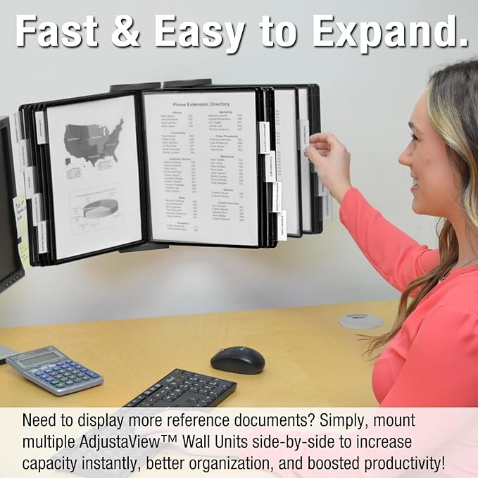 Ultimate Office AdjustaView 10-Pocket Wall Reference Organizer with Easy-Load Pockets and Mounting Screws, Black Pockets