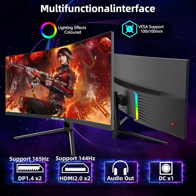 34 inch Curved Gaming Monitor, 21:9 WQHD 3440×1440 165Hz Ultrawide Computer Monitors, 1500R 1ms(MPRT), 125% sRGB, 350nits, FreeSync, HDMI2.0 x2, DP1.4 x2, Wall Mountable/Tilt Adjustable Black