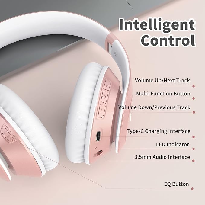 Uliptz Wireless Bluetooth Headphones, 65H Playtime, 6EQ Sound Modes, HiFi Stereo Over Ear Headphones with Microphone, Foldable Bluetooth 5.3 Headphone for Travel/Office/Cellphone/PC (Rose Gold)