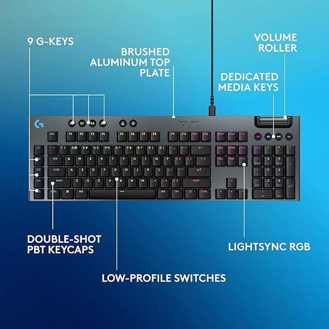 Logitech G915 X Wired Mechanical Gaming Keyboard, Double-Shot PBT Keycaps, Fully Programmable Keys, RGB Backlit Mac/PC Gaming Keyboards, Aluminum Finish, GL Linear Switches, Black