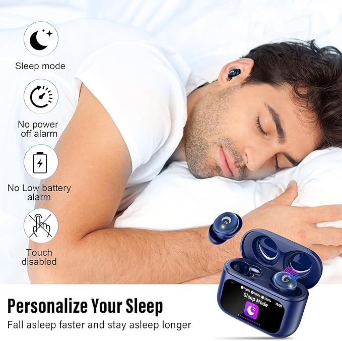 Sleep Earbuds Bluetooth 5.4 Smart Touch Screen in Ear Ear Buds, 48H Mini Sleep Headphones Small Design for Side Sleepers, Clear Calls, 5 EQ Modes, IPX7 Waterproof Earphones, Deep Blue Earbuds